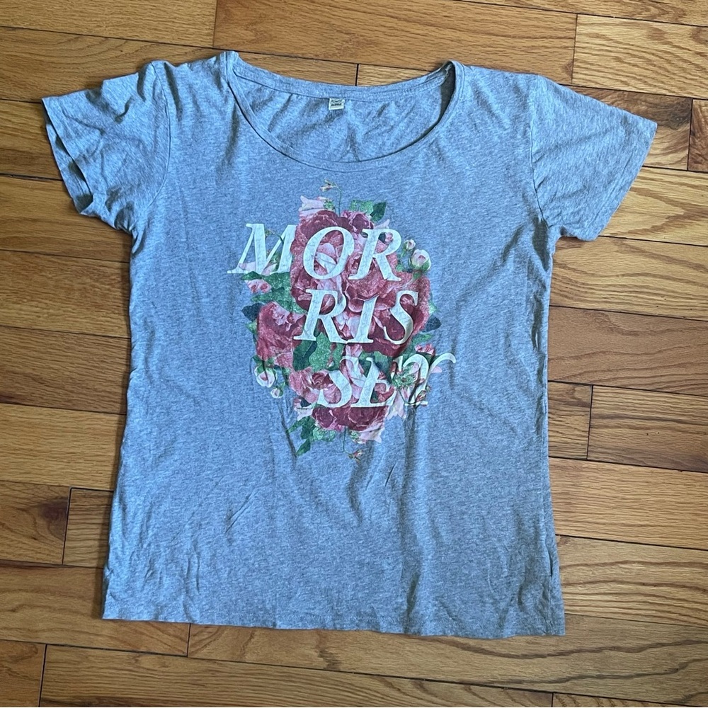 Morrissey ladies’ slouchy concert tee. Heather grey, floral size M